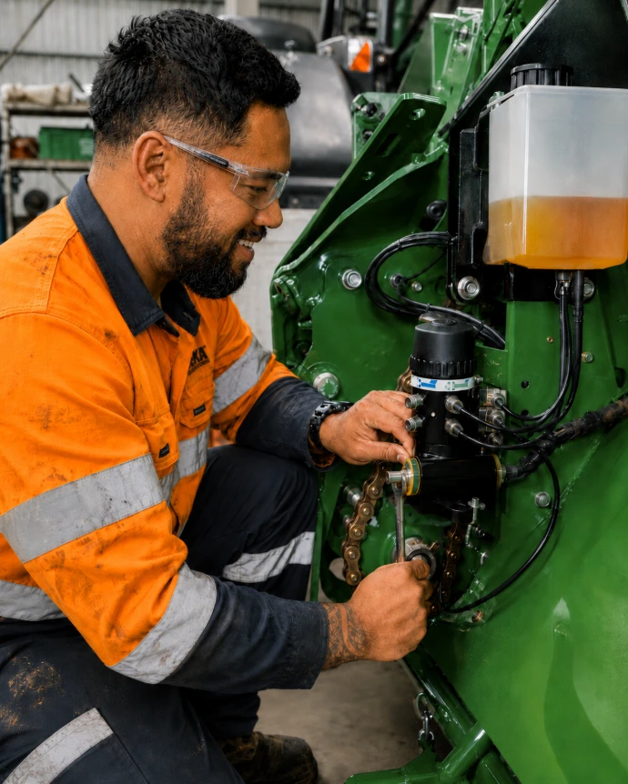 Technician installing BEKA AZU oil lubrication system